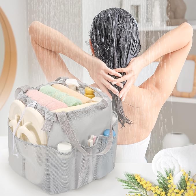 Mesh Shower Caddy Portable with Drawstring, Dorm Room Essentials for College Students, Grey Shower Bag for Camping,Swimming,Gym,Travel,Bathroom