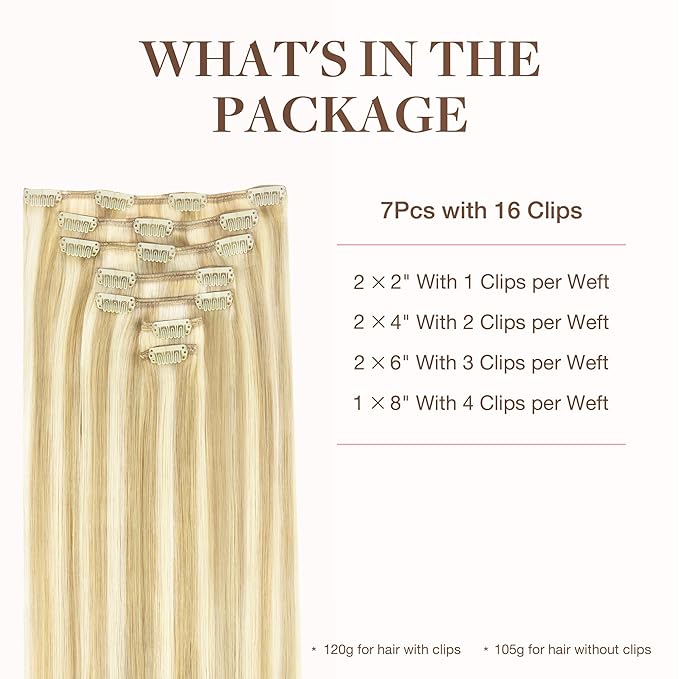 GOO GOO Clip in Hair Extensions Real Human Hair, Remy Human Hair Extensions Clip ins for Women, Natural Human Hair, 26inch 180g 7Pcs, #18D/22F Dirty Blonde Highlights