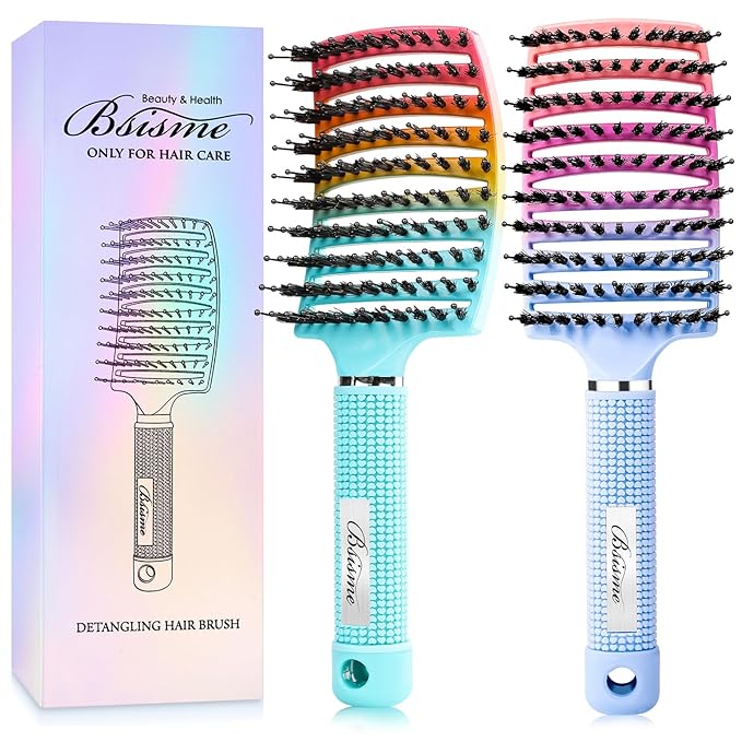 Boar Bristle Hair Brush, Curved Vented Detangler Brush Faster Blow Drying, Paddle Detangling Brush for Women Men Kids Wet Dry Long Curly Thick Straight Hair, Make Hair Shiny and Healthier(Green+Blue)