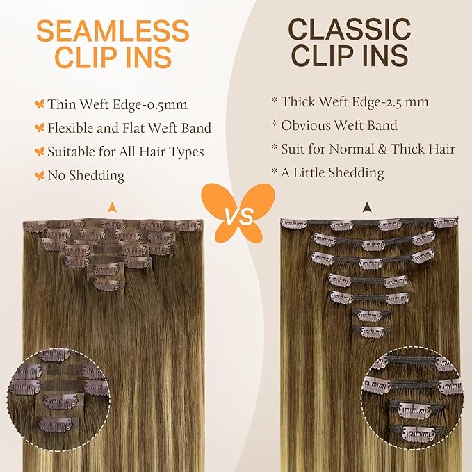 DOORES Human Hair Clip in Extensions, Medium Brown Highlighted Dirty Blonde 22 Inch 150g 7pcs, Seamless Clip in Hair Extensions Remy Straight Thick Hair Thin Weft Invisi Edge Hair Extensions