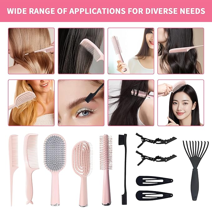Hair Brush Set, Professional Styling Tools with Combs and Accessories, Pink, Gift Box Included (Pink Brush+Pink Comb)