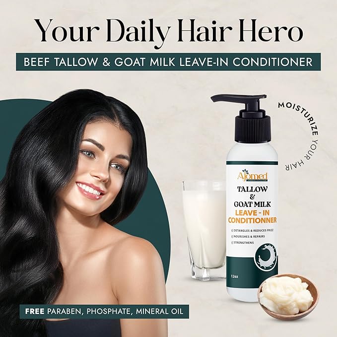 Beef tallow & Goat milk Leave-In Conditioner| Handmade hair Detangler- Anti-Frizz dreadlock moisturizer-Split End Moisturizing Hair Care for Dry, Damaged Hair Moisturizing Curl Primer (8 Fl Oz)