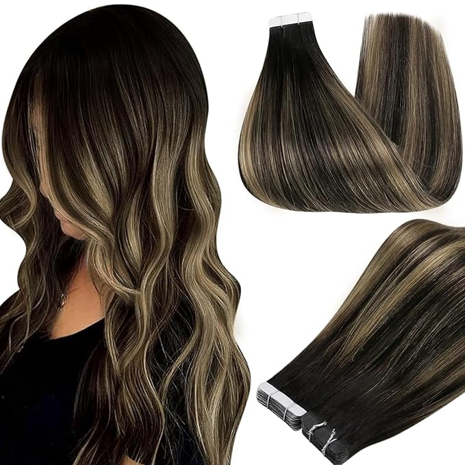 Full Shine Tape in Hair Extensions Human Hair Color 1B Black Ombre 27 Blonde And 1B Remy Hair Extensions Real Human Hair 24Inch Invisible Extension 50G 20Pcs for Natural Look