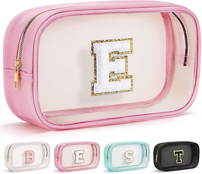 YOOLIFE Initial Make Up Bag Travel Toiletry Bag, Clear Makeup Bag Preppy Cosmetic Bags Organizer Travel Essentials Pink Gifts for Women Teen Girlfriend Teacher Mom Birthday Mothers Day Gifts E