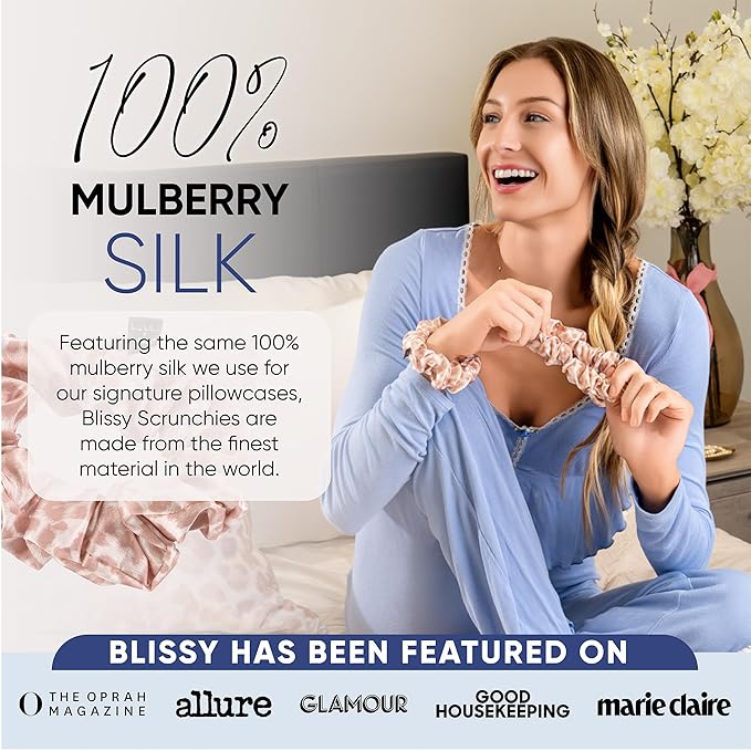 Blissy Silk Scrunchies (3 Pack) - 100% Pure Mulberry Silk - 22 Momme 6A High-Grade Fibers Scrunchie for Straight & Curly Hair (Nicole Miller - Mauve Cheetah, Regular)