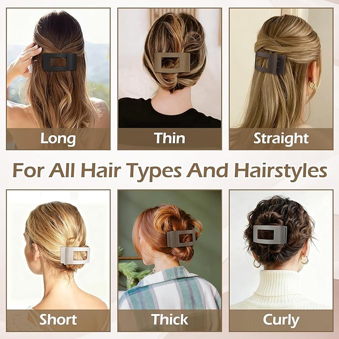French Flat Hair Clips for Women 6pcs Hair Claw Clips for Thick or Thin Hair Matte Claw Clips for Girls Barrettes Non-Slip Strong Hold Hair Accessories for Women (Brown Grey)