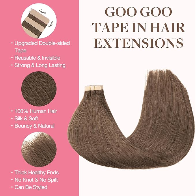 GOO GOO Tape in Hair Extensions Human Hair, 5 Light Ash Brown, 22inch 30g 10pcs, Skin Weft Seamless Invisible, Silky Straight with Thick Ends, Remy Human Hair