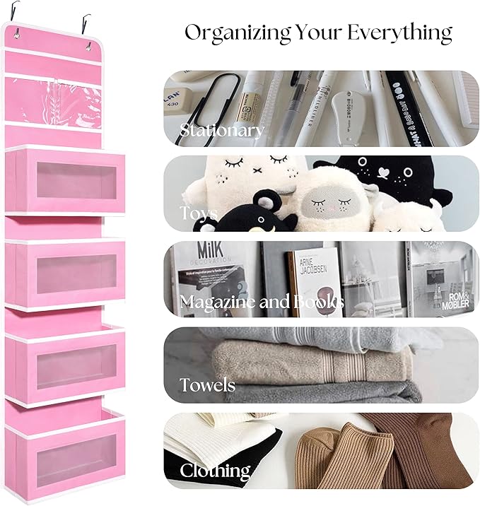 Giraffe Creation Over Door Organizer with 4 Large Capacity Pockets, Hanging Organizer Storage for Closet Bathroom Nursery Bedroom Dorm, Toys Cosmetics Sundries and Baby Essentials, Pink