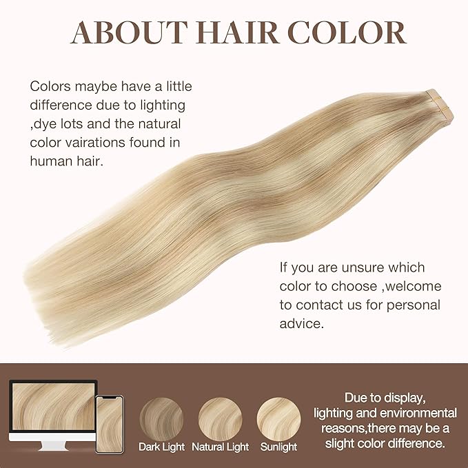GOO GOO Tape in Hair Extensions Human Hair, 18A/613A Dark Blonde Highlighted Bleach Blonde, 18inch 25g 10pcs, Skin Weft Seamless Invisible, Silky Straight with Thick Ends, Remy Human Hair