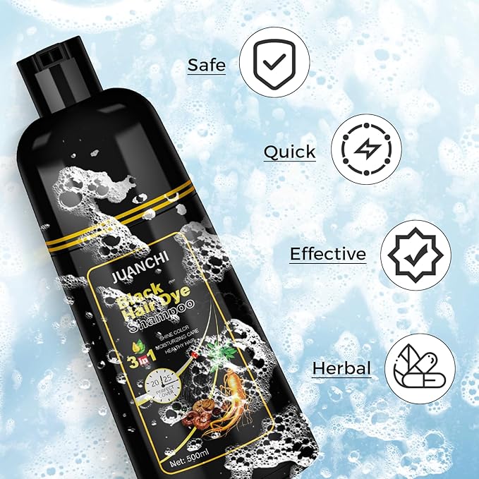 JUANCHI Black Hair Dye Shampoo 3 in1, Black Shampoo Hair Dye for Gray Coverage, Natural Hair Color for Women Men, Herbal Formula, Ammonia-free, Lasts 30 Days, 500ml (16.90 oz)