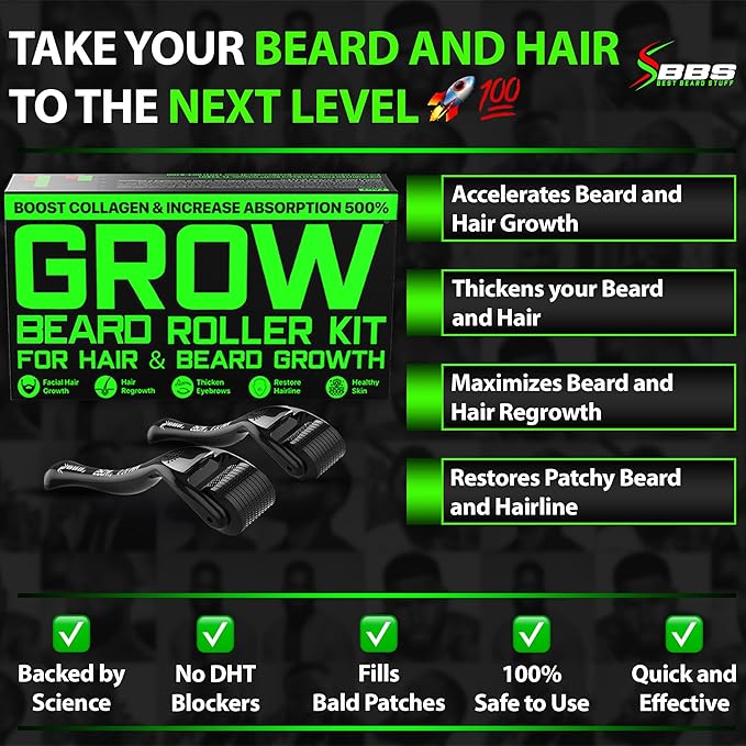 Beard Growth Oil with Facial Derma Roller (2-Pack Hair Follicle Stimulators) – 540 Titanium Rollers for All Skin Types – Fills Patches, Boosts Growth, Thickens Beard for Fuller Facial Hair