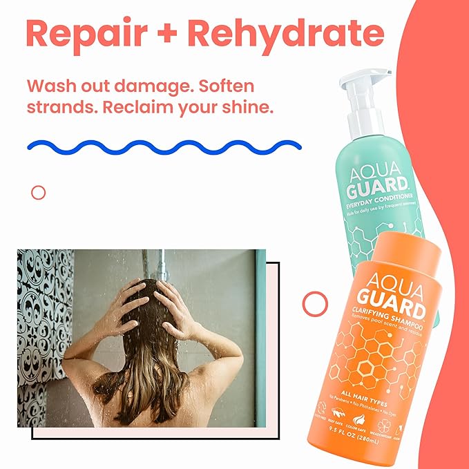 AQUA GUARD Swim Hair Rescue Bundle | Pre-Swim Protection & Post-Swim Repair Kit | Includes Hair Defense, Shampoo, Conditioner, Detangler, Hair Mask & SPF Skin Defense | Chlorine Care For Swimmers
