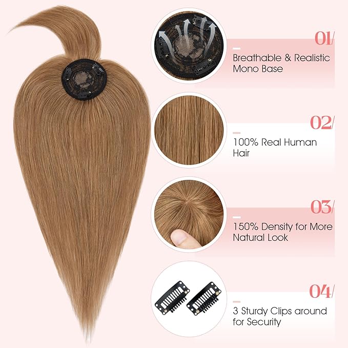 Hairro Mono Hair Toppers with Bangs, 3.4" x 3.4" Mono Base 100% Real Human Hairpieces for Women, 150% Density Clips In Topper for Greyish Thinning Hair, 20 Inch Blondish Brown