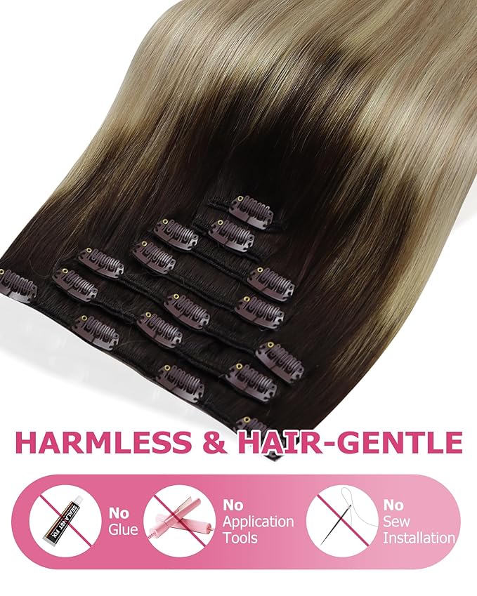YoungSee Clip in Hair Extensions Human Hair Ombre Real Hair Extensions Clip in Human Hair Medium Brown Ombre Golden Mix Platinum Blonde Balayage Easy to Put on Clip in Hair Extension 7Pcs 24In 120G
