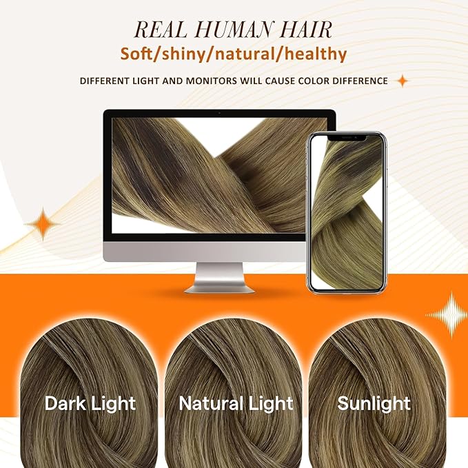 Full Shine Balayage Clip in Hair Extensions 16 Inch Ombre Dark Brown to Light Brown with Caramel Blonde Remy Human Hair with Thick Ends Clip ins 8 PCS 120 Grams