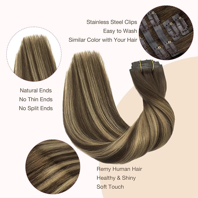 GOO GOO Clip in Hair Extensions Real Human Hair, Remy Human Hair Extensions Clip ins for Women, Natural Human Hair, 24inch 120g 7Pcs, 4/27/4 Balayage Chocolate Brown to Caramel Blonde