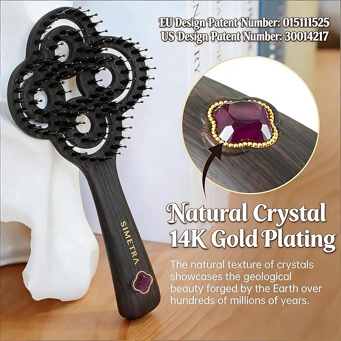 Simetra Detangler Hair Brush for Woman and Men, Holiday Present - Original Detangling Brush for Curly Hair/Wet & Dry Hair, Natural Boar Bristles Hairbrush - Natural Crystal Inlay & 14K Gold Plating