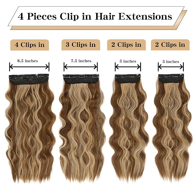 Clip in Hair Extensions, 20 Inch Caramel Brown Mixed Golden Blonde, 4PCS Long Wavy Clip Ins Synthetic Fiber Curly Hair Extensions Full Head Thick Hairpieces