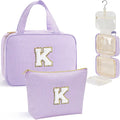 YOOLIFE Initial Toiletry Bag Travel Makeup Bag for Women - Hanging Toiletry Bag, Personalized Birthday Gifts for Women, Vacation Airplane Essentials - Letter K, Purple