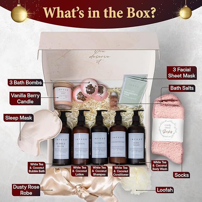 17-Piece Luxury Gift Set with Robe | Complete INFUSÉ White Tea & Coconut Bath Collection | Self-Care Kit with Bath Bombs, Face Masks & Hair Care | Bridesmaid, Mom, Wife, Grandma or Loved Ones