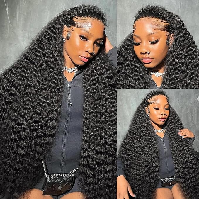 Aomllute 36 Inch Lace Front Wig Human Hair Pre Plucked 200 Density 13x4 HD Deep Wave Lace Frontal Wigs Human Hair with Baby Hair Curly lace front Wigs for Women Natural Black