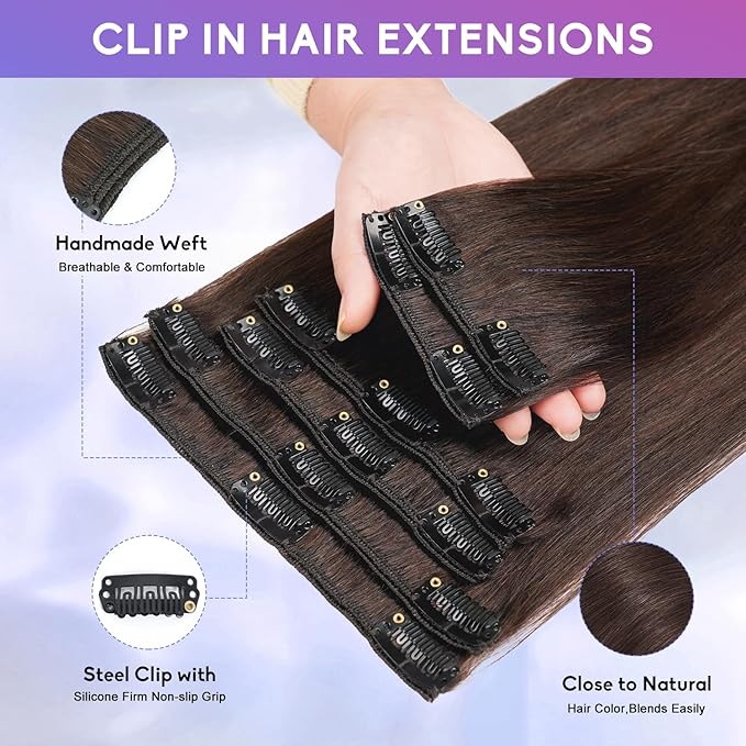 Dark Brown Clip in Hair Extensions Real Human Hair Invisible Seamless Remy Human Hair Clip in Extensions for Women 22 Inch 110g, 8pcs Per Set with Double Weft