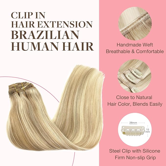 GOO GOO Clip in Hair Extensions Real Human Hair, Remy Human Hair Extensions Clip ins for Women, Natural Human Hair, 26inch 180g 7Pcs, #18A/613A Dark Blonde Highlighted Bleach Blonde