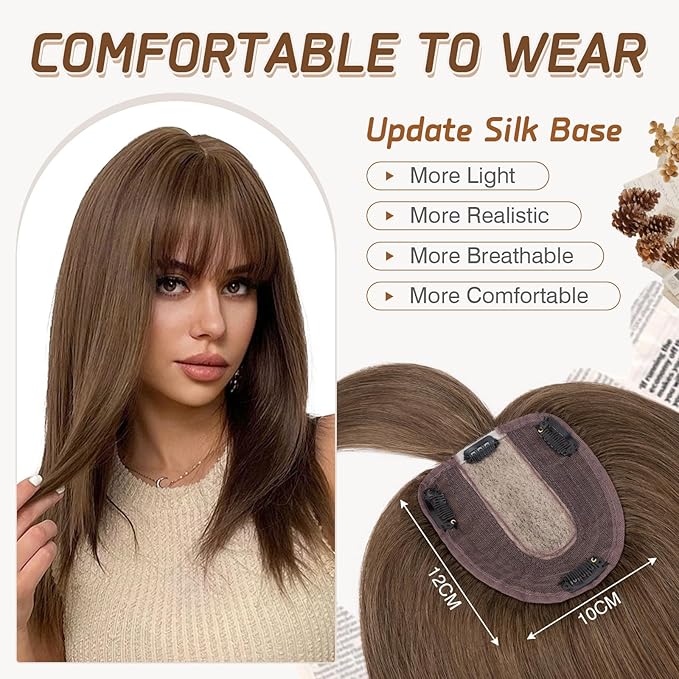 Rich Choices Real Human Hair Toppers for Women With Bang 100% Remy Human Hair Topper for Thinning Hair Clip in Silk Base Hair Topper 14 Inch #4R Chestnut Brown