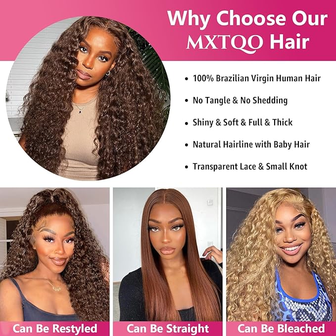 200% Density Chocolate Brown 13x6 Deep Wave Lace Front Wigs Human Hair Curly Wig HD Lace Front Wigs Human Hair Pre Plucked Frontal Wigs Human Hair Glueless Wig For Women (28 Inch)