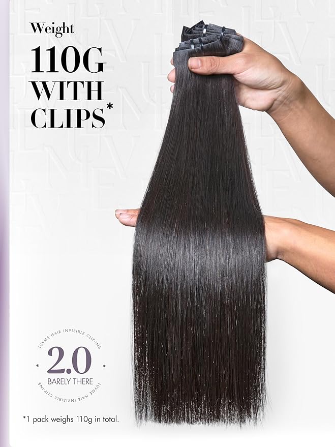 LUVME Invisible Clip in Hair Extensions Silky Straight Real Human Hair, Remy Hair Clip ins for Women, Natural Human Hair, 24 inch 110g 6Pcs, Natural Black