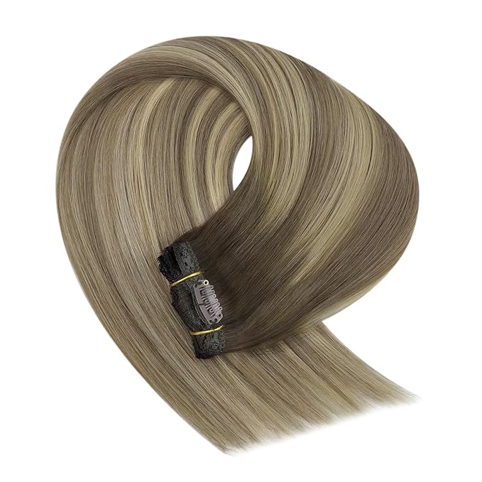 YoungSee 150G Clip in Human Hair Extensions Balayage Walnut Brown Ombre Light Brown with Blonde Long Human Hair Clip in Extensions Balayage Clip in Hair Extensions Straight Hair 24inch 7pcs