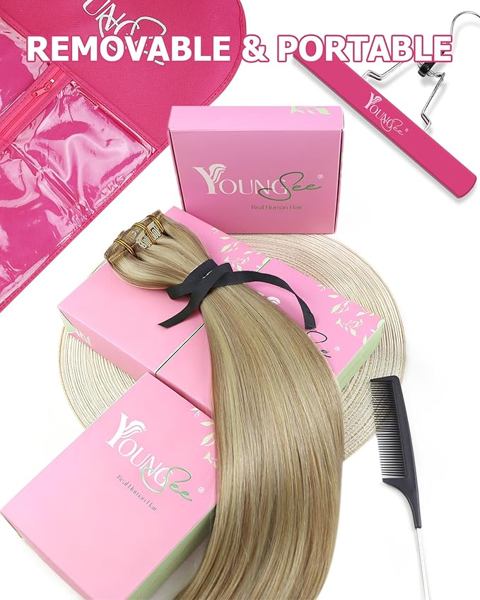 YoungSee Blonde Clip in Hair Extensions Highlights Human Hair Clip in Extensions Light Blonde Highlights Golden Blond Hair Extension Clip ins Easy to Install 7Pcs 120G 14inch