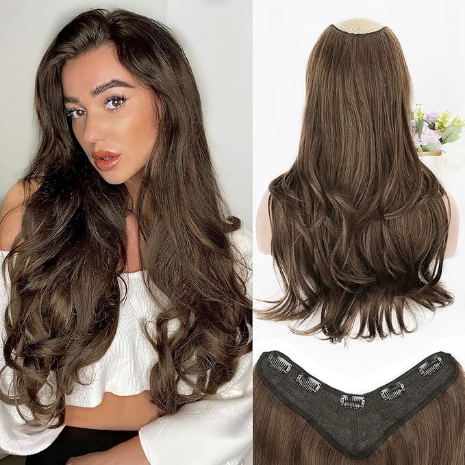 ALXNAN Long Wavy Hair Extensions for Women, Clip in Hair Extensions Clip Ins Soft Full Head Synthetic Hairpieces 20 Inch Medium Ash Brown