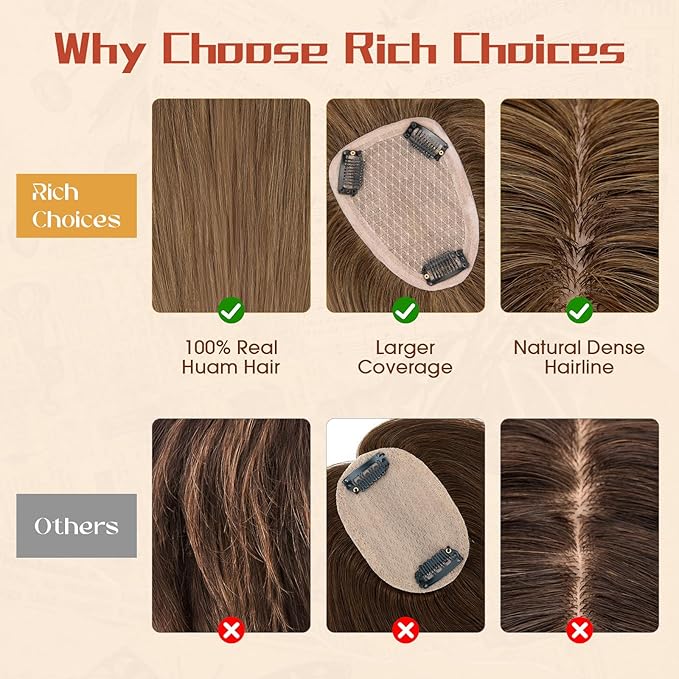 Rich Choices Human Hair Toppers for Women-100% Real Remy Hair Topper with 3D 360°Bang-Upgraded 150% Density 9 * 12CM Lace Base-Clip in Hairs topper for Thinning Hairs-14Inch #4 Medium Brown