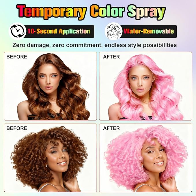 Temporary Hair Color Spray - Instant Washable Hair Dye for Kids & Adults, Non-Toxic & Non-Sticky Formula for Halloween, Cosplay, Parties & Festivals - Lasts All Day, Easy Wash Out - 4.22 fl oz (Pink)