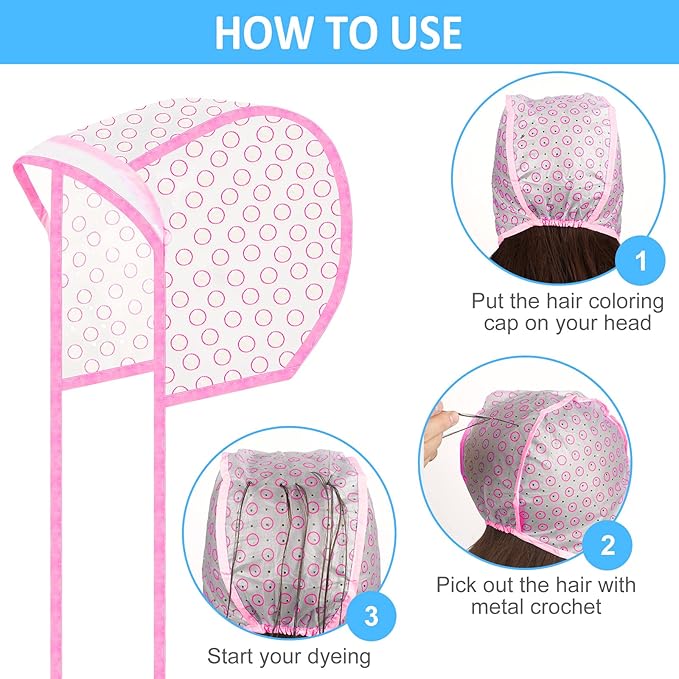 3 Sets Hair Coloring Kit, Includes 3 Pcs of PVC Hair Coloring Caps with 3 Pcs Styling Tools, 3 Pcs Disposable Hair Dye Shawl, 3 Pairs Gloves, 3 Pc Dye Brushes for Dyeing Hair (Pink)