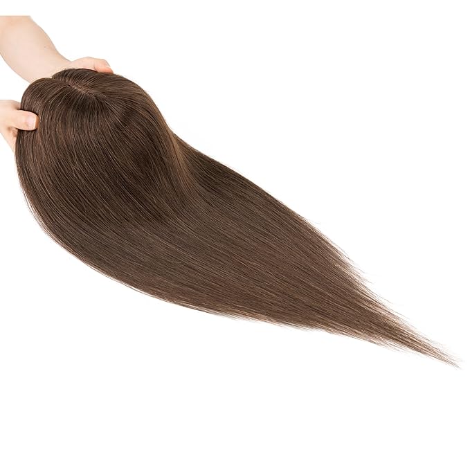 Hairro Human Hair Toppers Free Parted, 3.5x4.7" Base Hand-wovened 100% Real Hairpieces, with Invisible Clips-in for Women, for High Hairline/Adding Volume on Top, 16 Inch Dark Brown