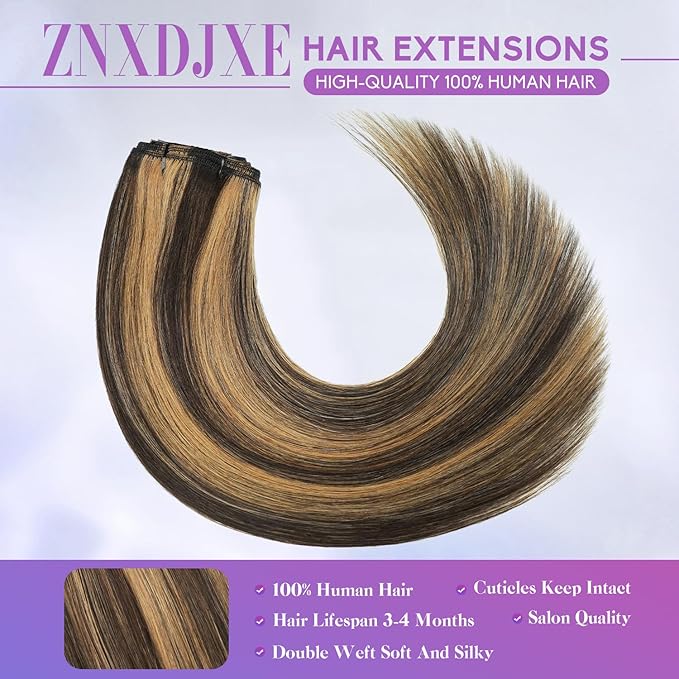 Clip in Hair Extensions Real Human Hair, 16Inch 90g, 2/6 Dark Brown to Chestnut Brown, Invisible Seamless Remy Human Hair Clip in Extensions for Women 8pcs Per Set with Double Weft