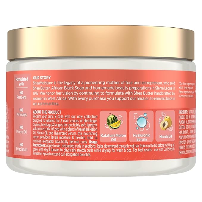 SheaMoisture Curl Stretch Multi-tasking Volume Cream Kalahari Melon Oil and a Tropical Vacation Scent With Hydrating Hyaluronic Serum, Defines Type 4 Curls For Days 11 Fl Oz