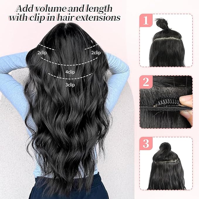 KooKaStyle Clip in Synthetic Hair Extensions Long Wavy 4PCS Black&Dark mix light brown Fiber Double Weft Natural Hair Extensions 20 Inch for Women