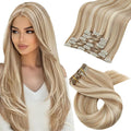 Moresoo Clip in Hair Extensions Brown with Blonde Highlights Clip in Extensions Real Human Hair Warm Yellow Brown with Light Blonde Full Head Long 120g/7pcs 20 inch