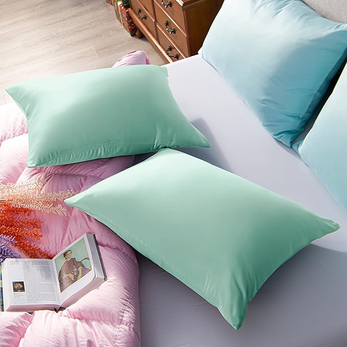 NTBAY Zippered Satin Pillow Cases for Hair and Skin, Luxury Standard Hidden Zipper Pillowcases Set of 2, 20x26 Inches, Cyan