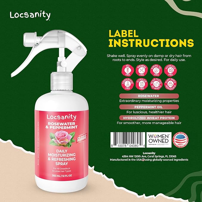 Locsanity Daily Moisturizing Refreshing Spray for Locs, Dreadlocks - Rose Water and Peppermint Hair Scalp Moisturizer, Dreadlock Spray - Natural Loc Care and Maintenance (12oz)