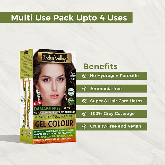 Indus Valley Natural Organic Damage Free Gel Hair Color | Ammonia Free, Vegan & Cruelty Free | Up to 100% Gray Coverage, Long Lasting Results |Copper Mahogany 5.4 (20gram+200ml)
