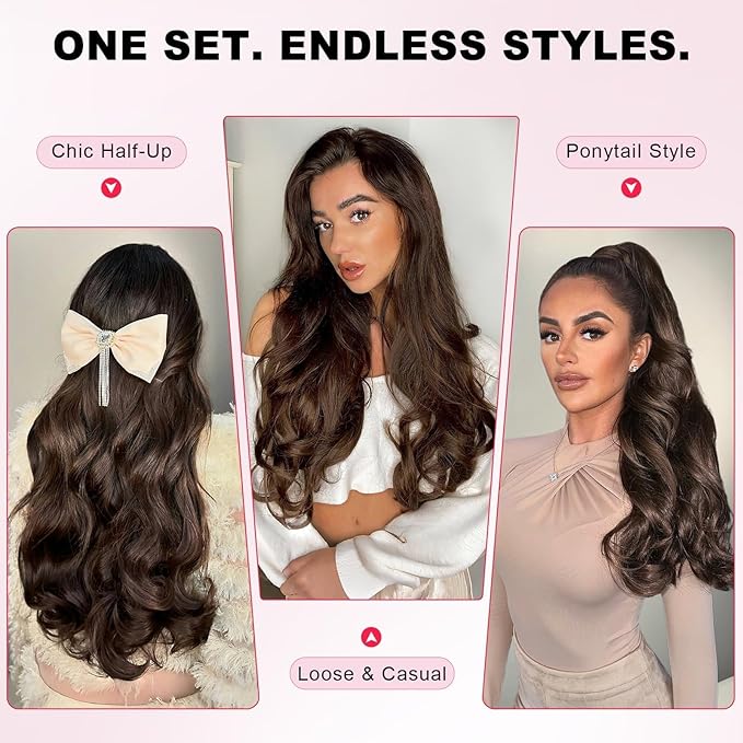 ALXNAN Clip in Hair Extensions,Dark Brown Long Wavy Hair Extensions Soft Synthetic Thick Hairpieces for Women 20 Inch