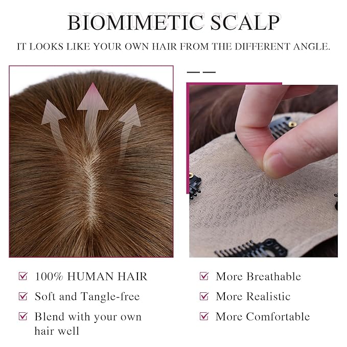 VERNA Real Human Hair Topper, 10 Inch 100％ Human Hair Toppers for Women with Thinning Hair, Large area Coverage Medium Brown Hairpiece Wiglet for Daily Wear(8 * 11)
