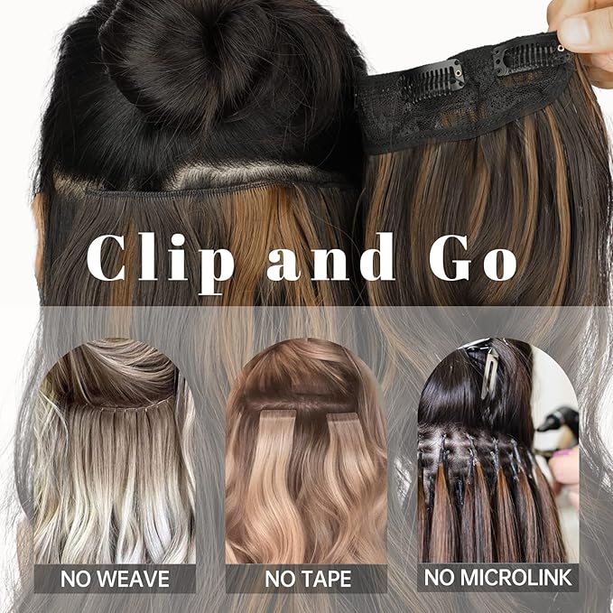 KooKaStyle Clip in Synthetic Hair Extensions Long Wavy 4PCS Thick Hairpieces Light Brown mix Golden Blonde Fiber Double Weft Natural Hair Extensions 20 Inch for Women