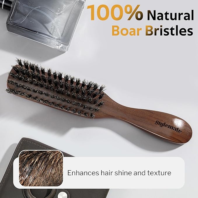 Boar Bristle Hair Brush for Men, Mens Slick Back Hair Brush with Stiff Bristles & Wooden Walnut Handle for Thick & Fine Hair Smoothing, Detangling, Styling, Beard Straightens