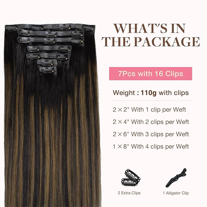 GOO GOO Clip in Hair Extensions Real Human Hair, Remy Human Hair Extensions Clip ins for Women, Natural Human Hair, 12inch 85g 7Pcs, #1B/6/1B Balayage Natural Black to Chestnut Brown