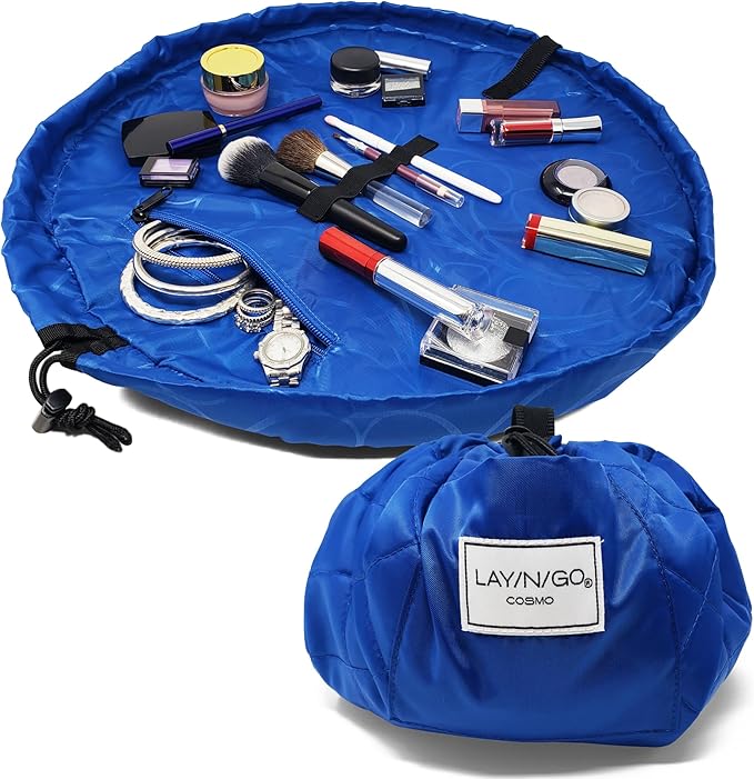 Lay-n-Go Cosmo Lay Flat Drawstring Cosmetic & Makeup Bag Organizer - Zipper Pocket, Brush Loops & Storage - Machine Washable, Toiletry Carrier for Travel, Cinch Closure, Gift (20", Sky Blue)